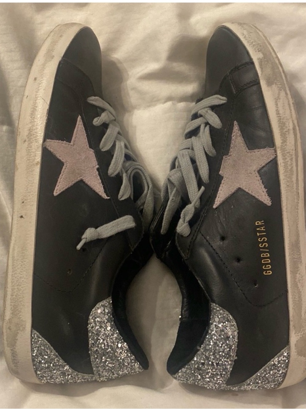 Golden Goose Black Leather Sneakers with Pink Star and Silver Glitter Heel